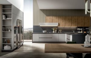 Cucina In laccato opaco e laminato legno